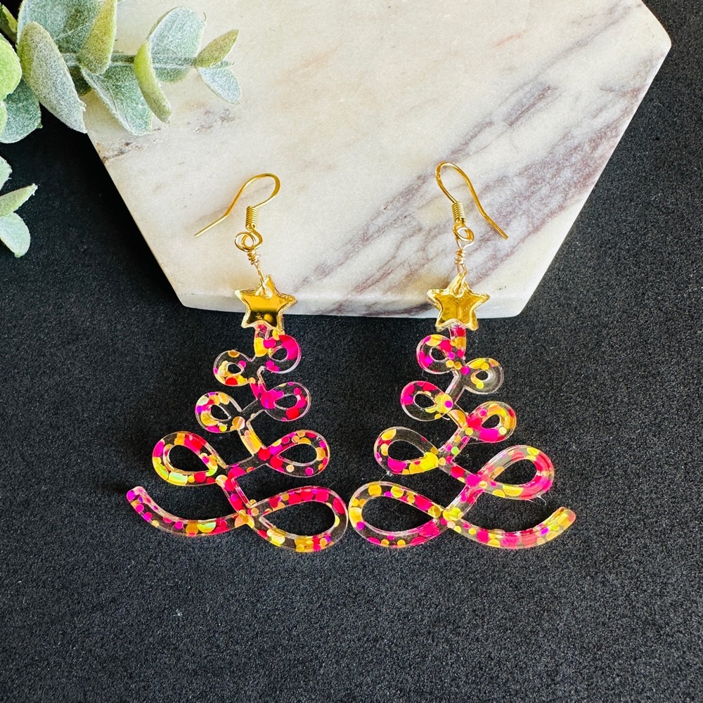 Pink Christmas tree earrings glitter confetti holi jewelry
